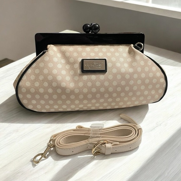 Carolyn Tucker Guinness Pink with Cream polka dot magnetic kisslock clutch bag - Picture 1 of 13